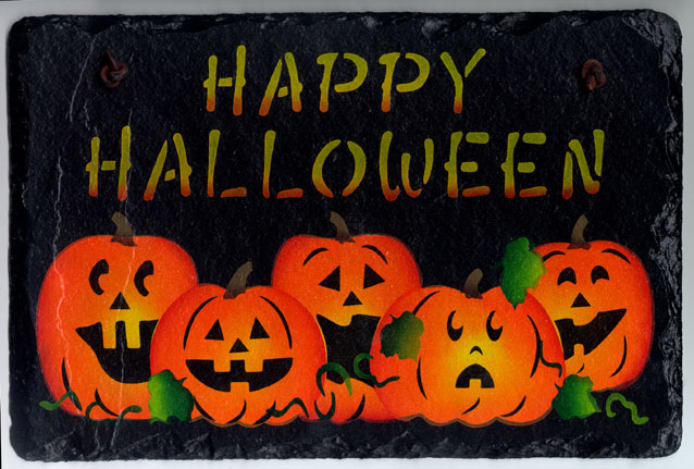 The words Happy Halloween on top and below it is a line of 5 jack-o-lanterns with different facial expressions.