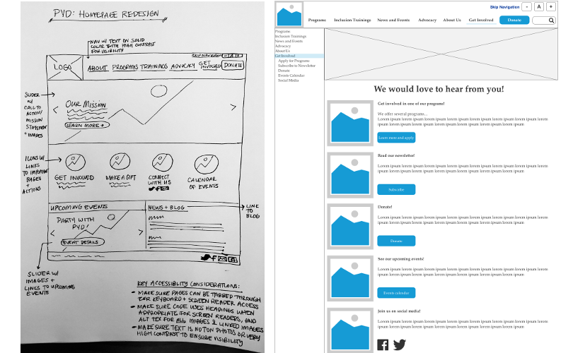 Two mock-ups of possible designs for the PYD website, one of the homepage and one of the get involved page. Made by students from Bently University.