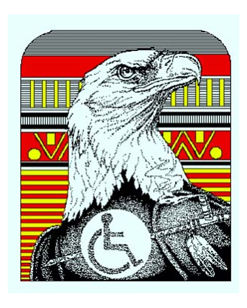 A black-and-white bald eagle displayed overtop a red and yellow patterned background. There is an accessibility icon superimposed on the bald eagle's chest.