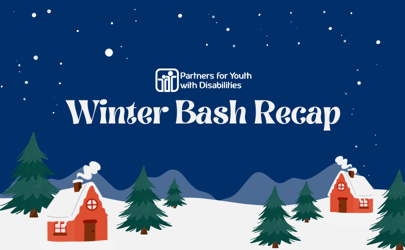 PYD logo, white text reads: "Winter Bash Recap". A cartoon of a snowy night with green pine trees and red houses are in the background.