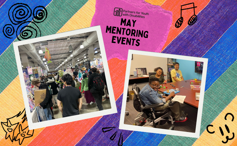 May Mentoring Events. Two photos against a rainbow background. One showing the interior of Anime Boston, and the other showing participants at a Mentor Mixer.