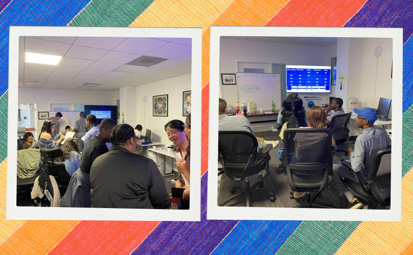 Two photos against a rainbow background. The left shows mentors and mentees at a Mentor Mixer. The right shows a photo of PYD participants sitting in front of a TV, playing a game with each other.